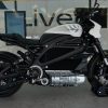The side view of a black-and-white street-legal LiveWire One electric motorcycle at IMS Outdoors Chicago 2021