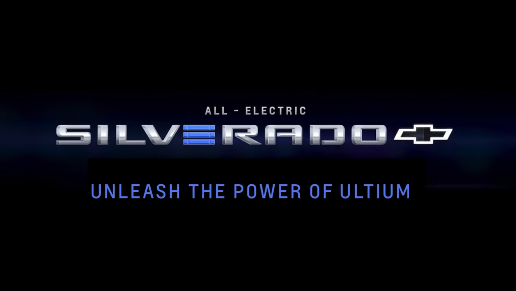 "All-electric Silverado - Unleash the power of Ultium" heading in Chevy Silverado EV video 