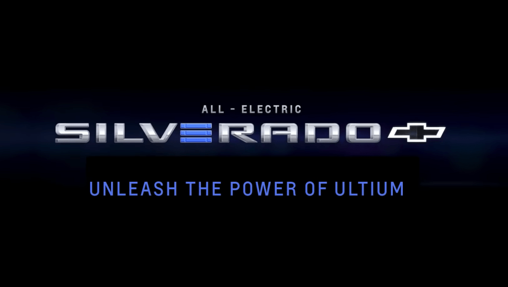 "All-electric Silverado - Unleash the power of Ultium" heading in Chevy Silverado EV video