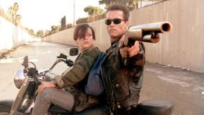 Arnold Schwarzenegger and Edward Furlong on a Harley-Davidson Fat Boy from 'Terminator 2'.