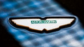 The Aston Martin logo seen on a vehicle in Krakow, Poland