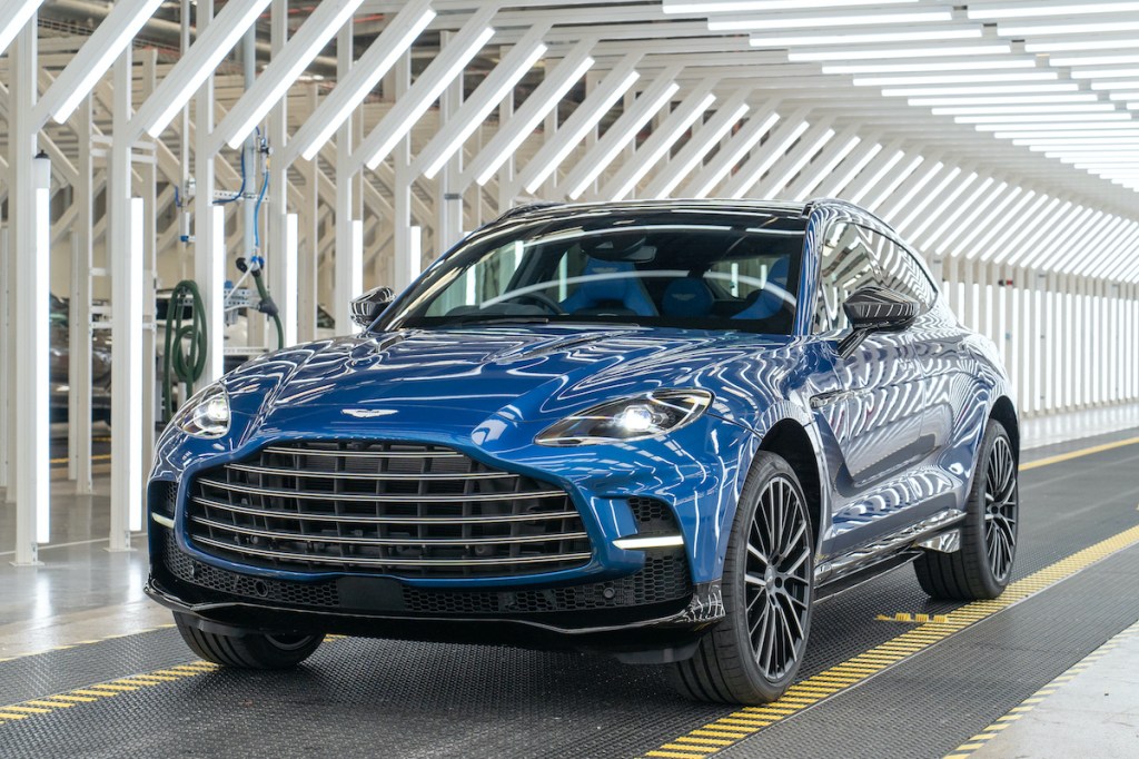 A front corner view of the first Aston Martin DBX 707 as it rolls off the production line.