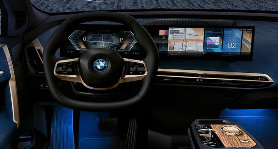 The interior of a 2022 BMW iX luxury midsize electric SUV. 