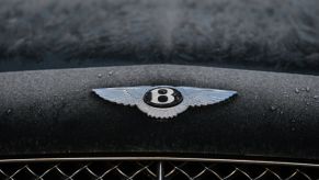 A Bentley logo on a black car, that may require a different license in Europe to drive.