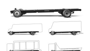 A black Bolling Motors commercial EV chassis platform above sketches of sample builds