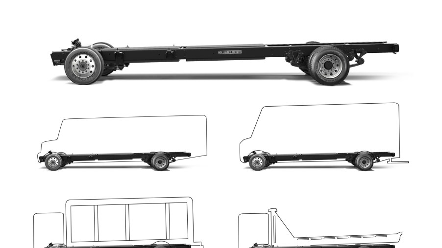 A black Bolling Motors commercial EV chassis platform above sketches of sample builds