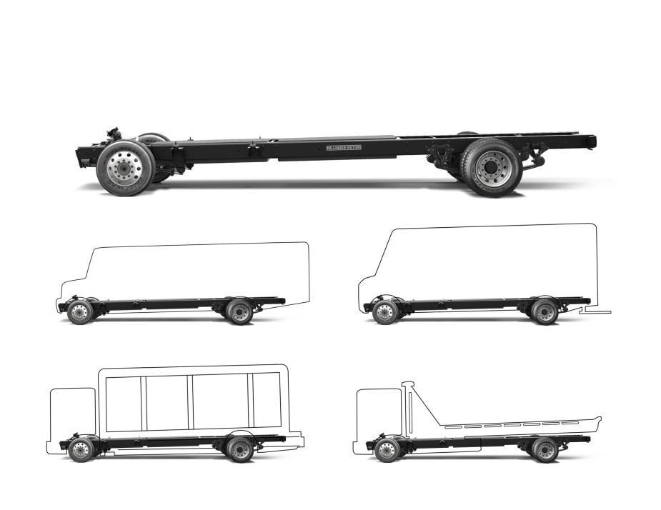 A black Bolling Motors commercial EV chassis platform above sketches of sample builds