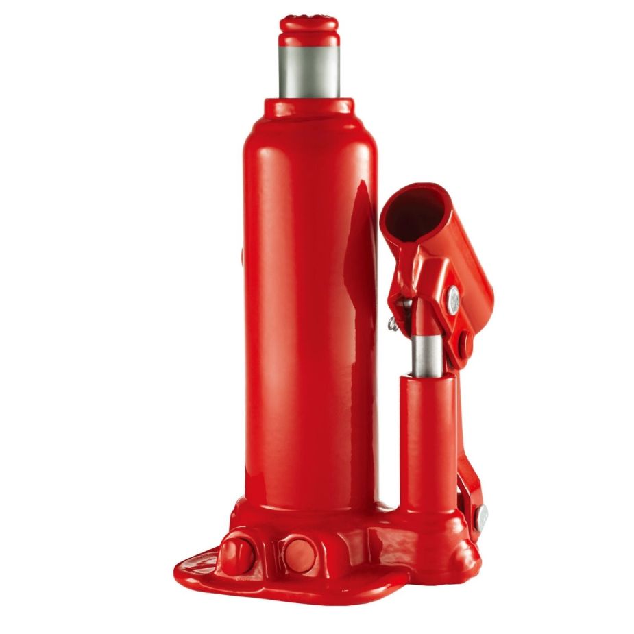 Product photo of a red bottle jack for changing tires.