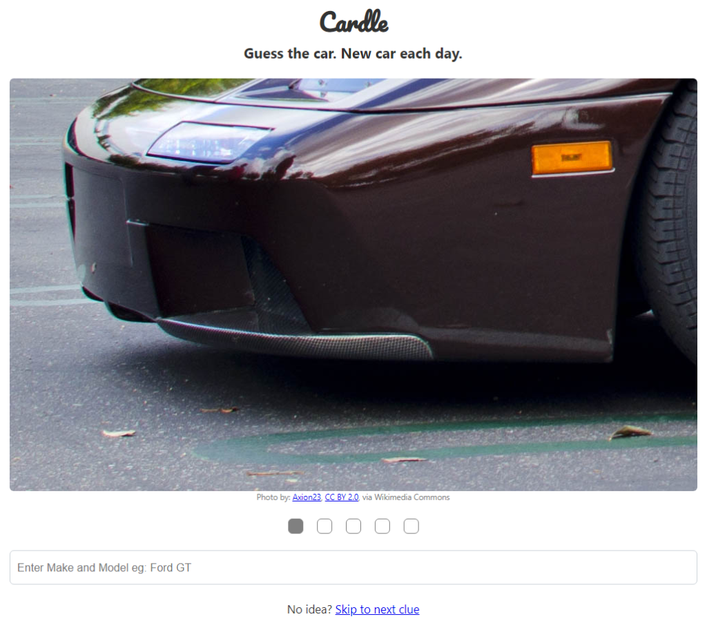 The Cardle word game is like Wordle, but it presents users with a new photo of a car every day to determine which model it is. 