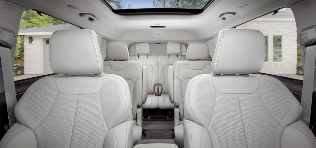 The interior three-row seats of the 2022 Jeep Grand Cherokee L. The interior is lacking but luxurious.