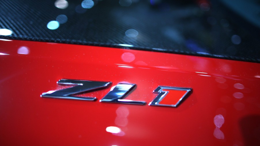 Closeup of ZL1 badge on 2013 Chevrolet Camaro In Red, same color as the cheapest one currently available for sale in the U.S.