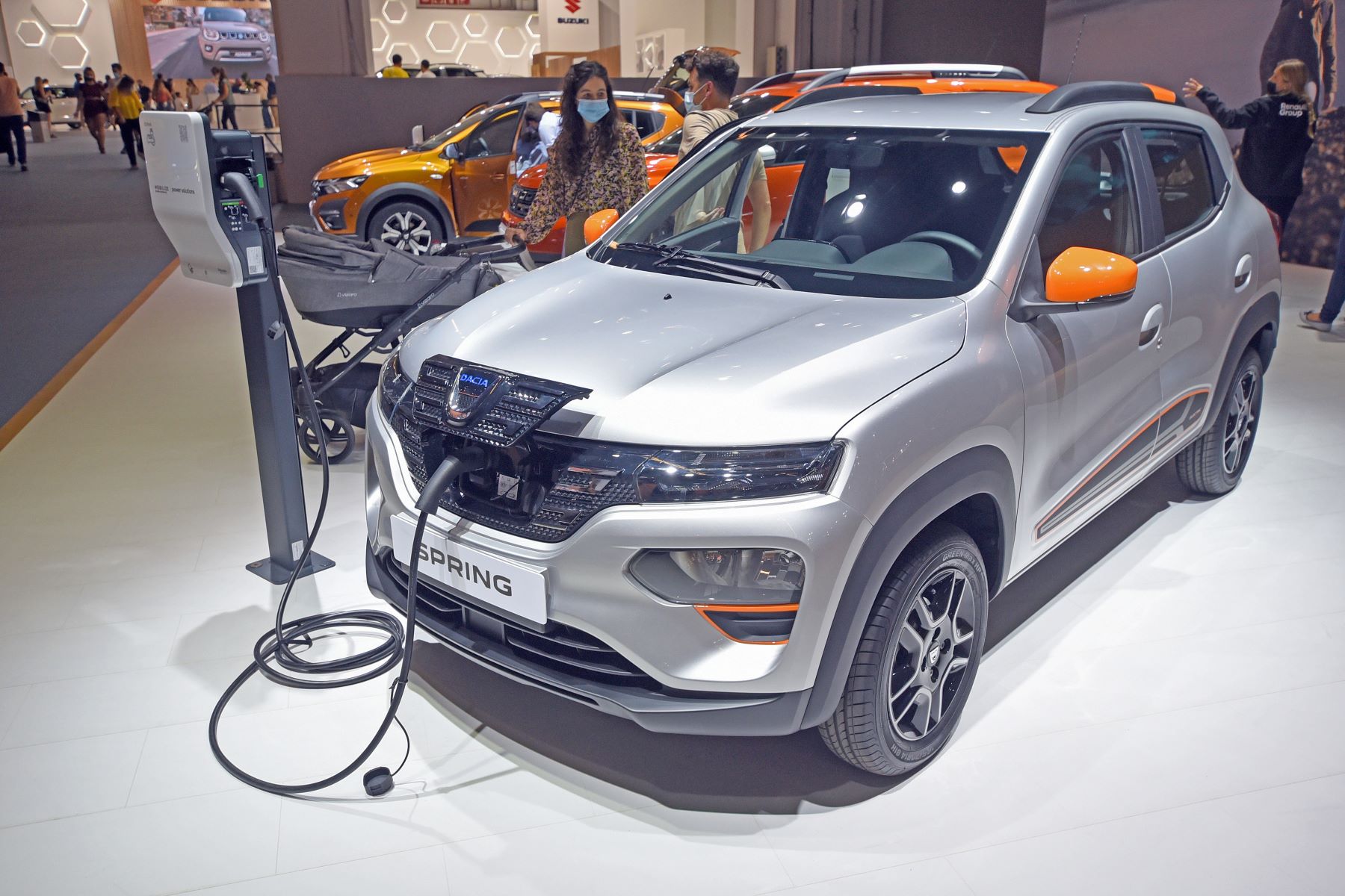 The Dacia Spring Electric charging at the Automobile Barcelona at the Fira de Barcelona Montjuic in Spain