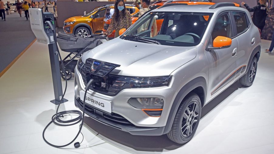 The Dacia Spring Electric charging at the Automobile Barcelona at the Fira de Barcelona Montjuic in Spain