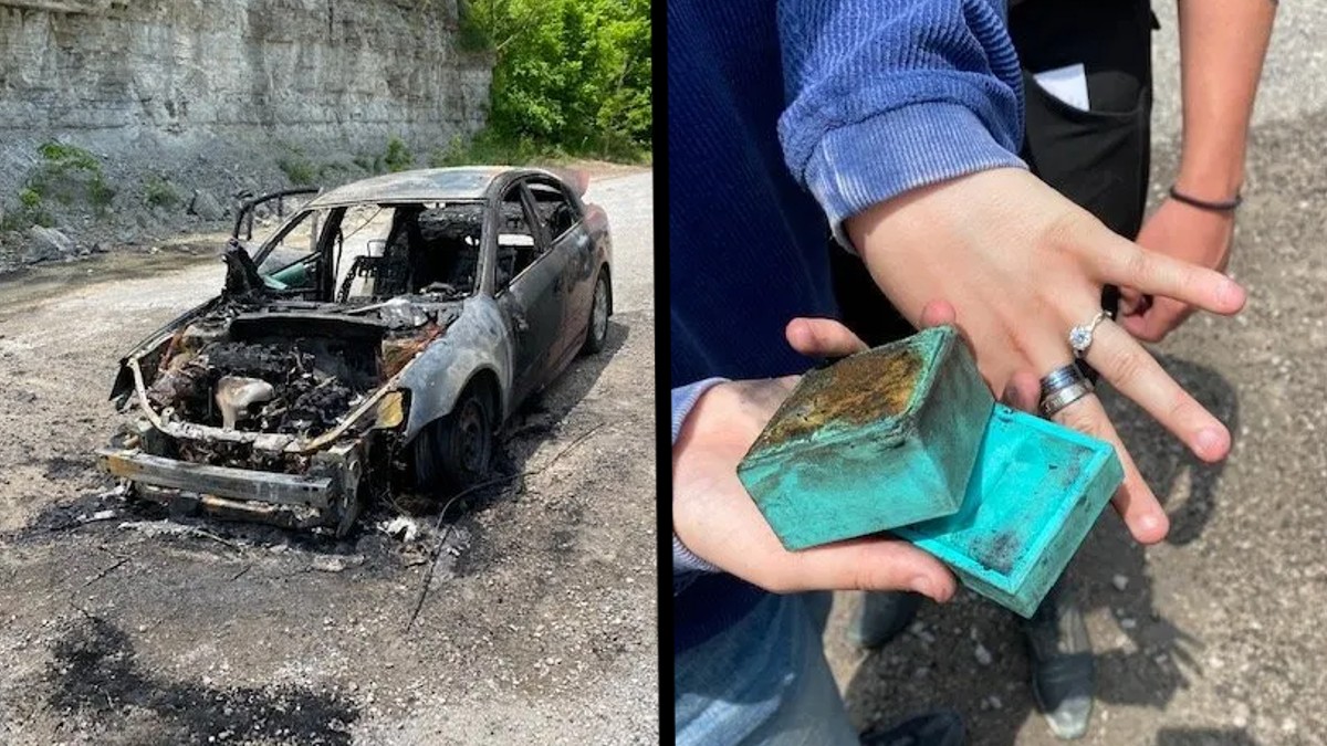 Destroyed car and an engagement ring that survived a car fire in Tennessee