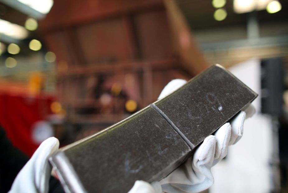 A new brake pad from the Deutsche Bhan railway company shown in Cologne, Germany