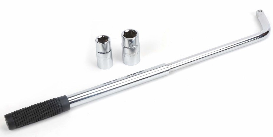 Product photo of a chrome extendable lug wrench and a pair of lug nut sockets.
