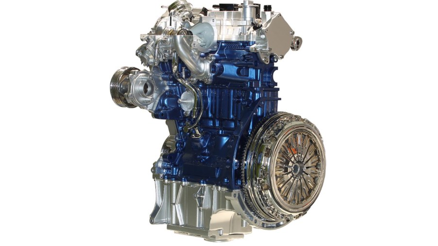 Ford 1.0-liter Ecoboost three cylinder engine with chrome pieces and blue painted engine block
