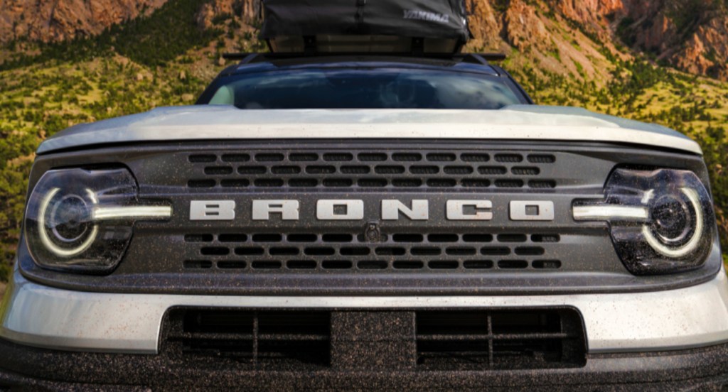 The front of a gray 2022 Ford Bronco Sport.