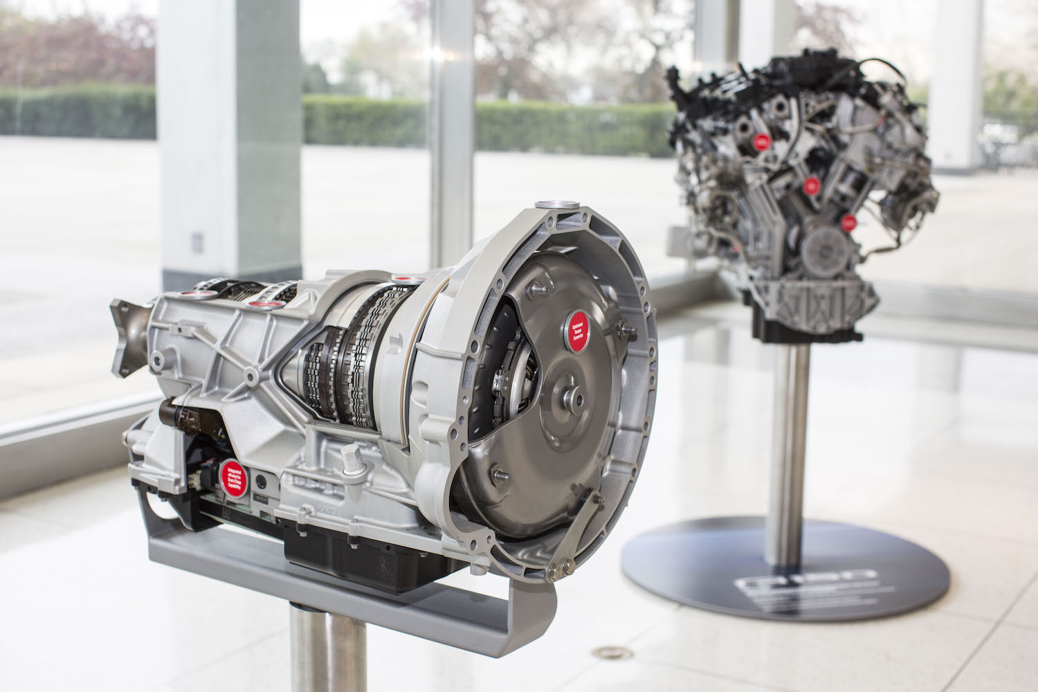 A Ford F-150 10-speed automatic transmission on display in a museum.