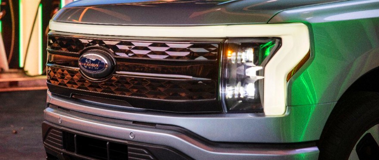 The front of a silver 2022 Ford F-150 Lightning.