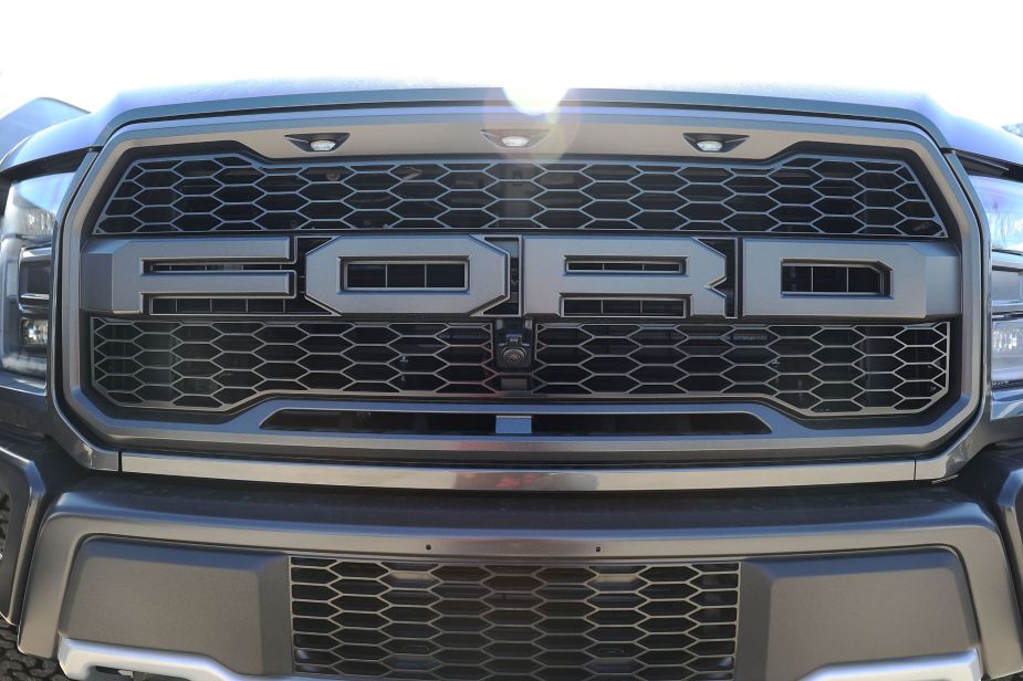 The front grille of a Ford F-Series pickup truck.