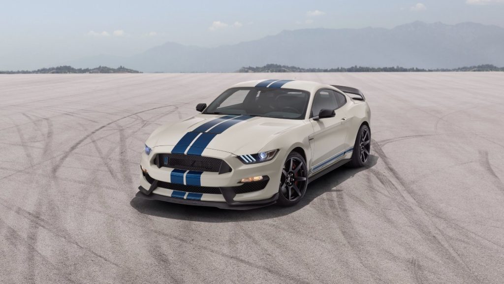 a heritage edition ford mustang shelby gt350 parked in an open lot