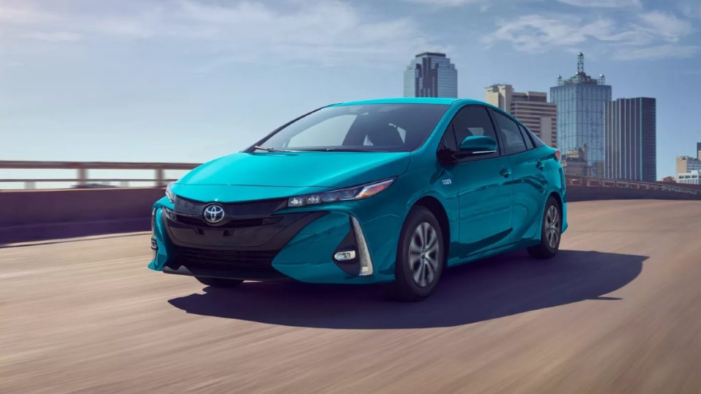 Front angle view of Blue Magnetism 2022 Toyota Prius Prime