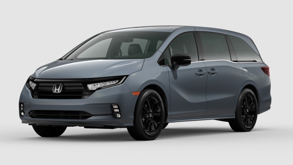 Front angle view of Sonic Gray Pearl 2023 Honda Odyssey, highlighting its release date and price