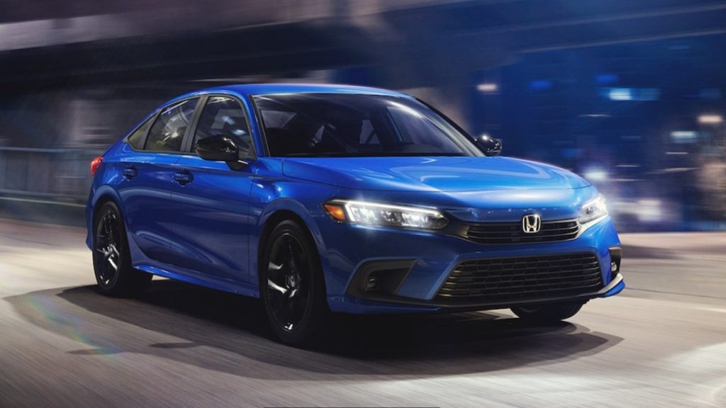 Front angle view of blue 2022 Honda Civic, one of the best new cars for first-time car buyers in 2022