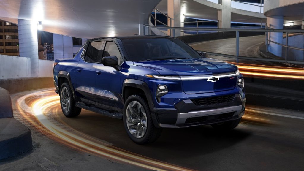 Front angle view of the blue Chevy Silverado EV 2024, highlighting the video released after the launch of the Ford F-150 Lightning