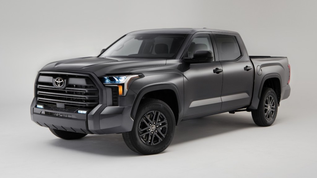 Front angle view of dark gray 2023 Toyota Tundra, highlighting its release date and price