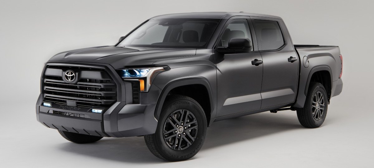Front angle view of dark gray 2023 Toyota Tundra, highlighting its release date and price