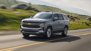 Front angle view of gray 2022 Chevy Tahoe, which was donated to Ukraine for humanitarian use