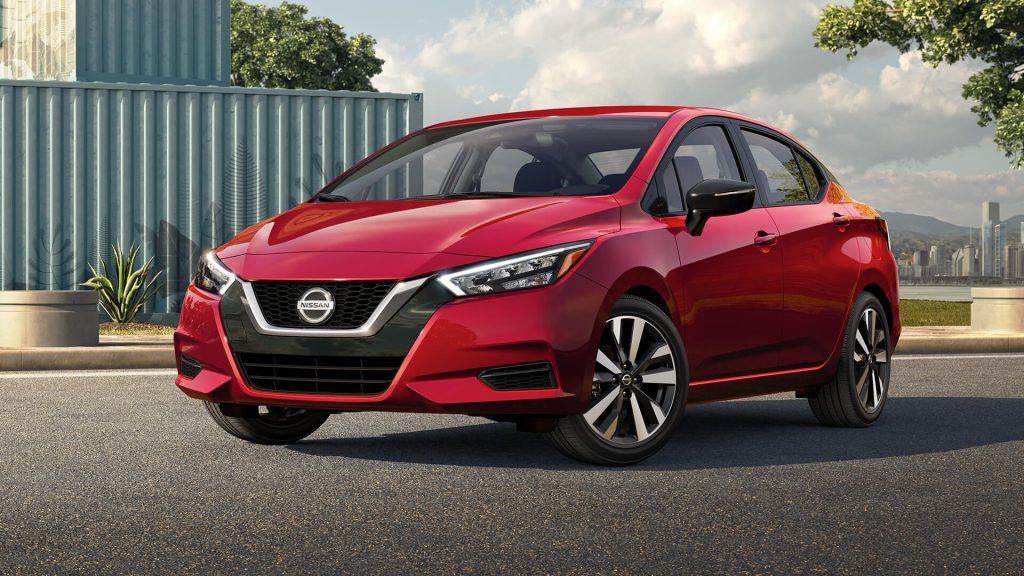 Front view of the red 2022 Nissan Versa, the most affordable new car for new car buyers in 2022