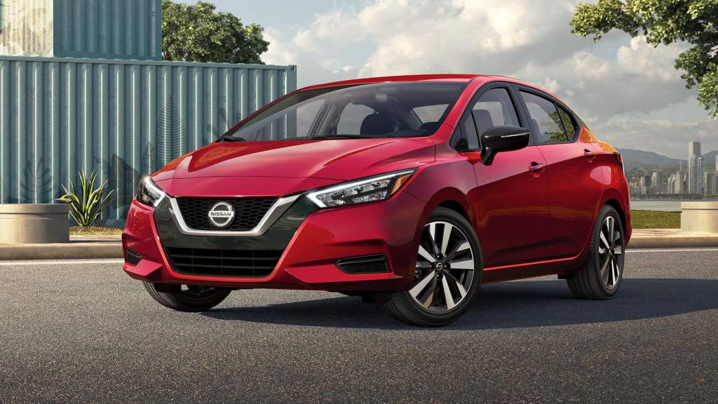Front angle view of red 2022 Nissan Versa, the best affordable new car for first-time car buyers in 2022