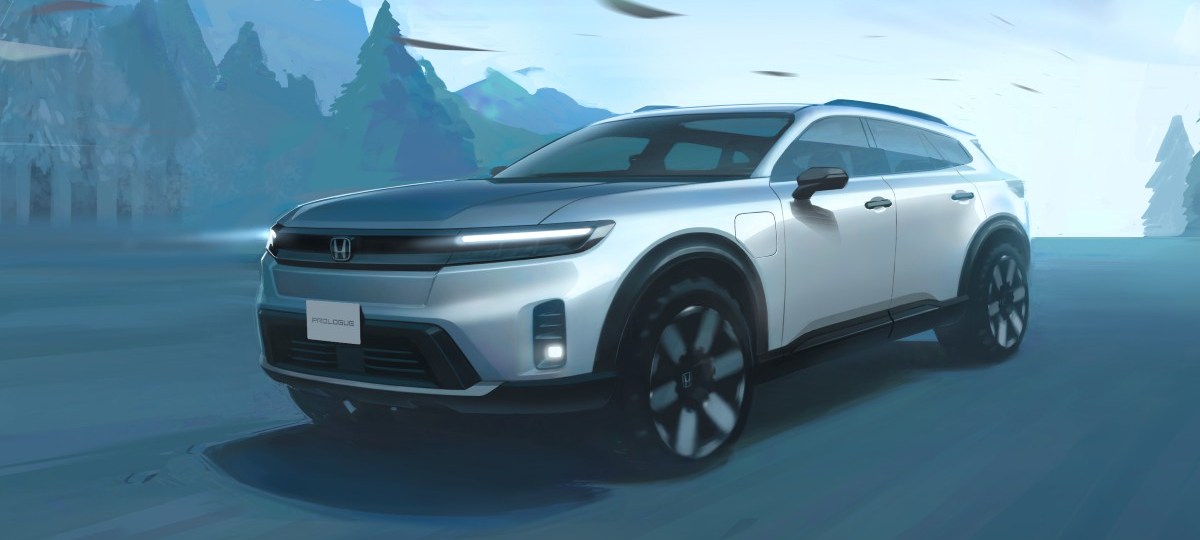 Front angle view of silver 2024 Honda Prologue EV SUV, highlighting its release date and price