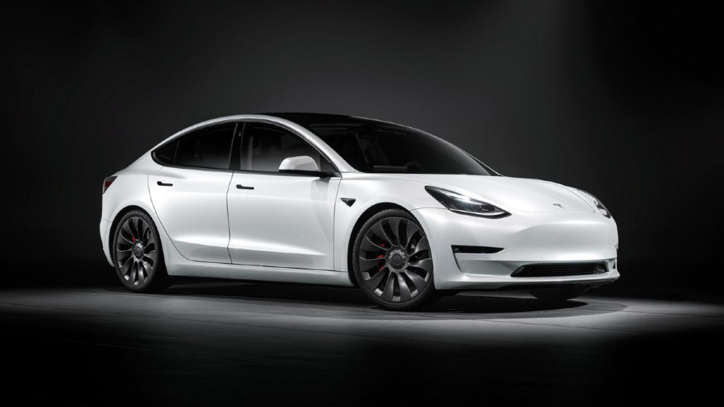 Front angle view of the white 2022 Tesla Model 3, which was recently added to Texas Police