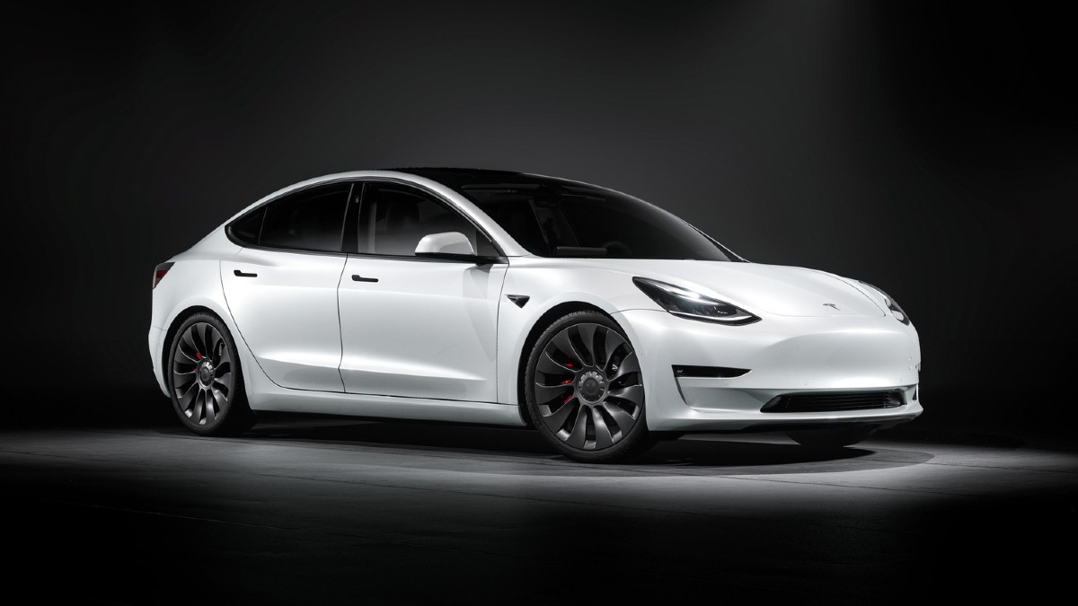 Front angle view of white 2022 Tesla Model 3, which was recently added to the Texas police force
