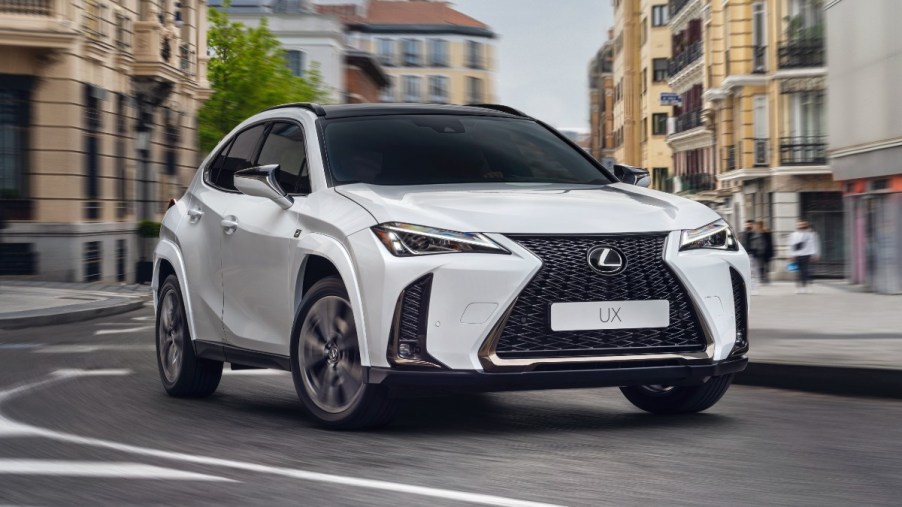 Front angle view of white 2023 Lexus UX, highlighting its release date and price