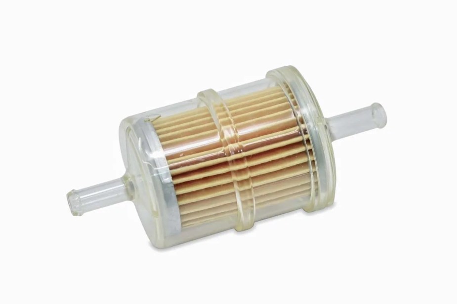 Product photo of a clear plastic in-line replacement lawn mower fuel filter.