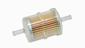 Product photo of a replacement in-line fuel filter for a lawn tractor or lawn mower engine.