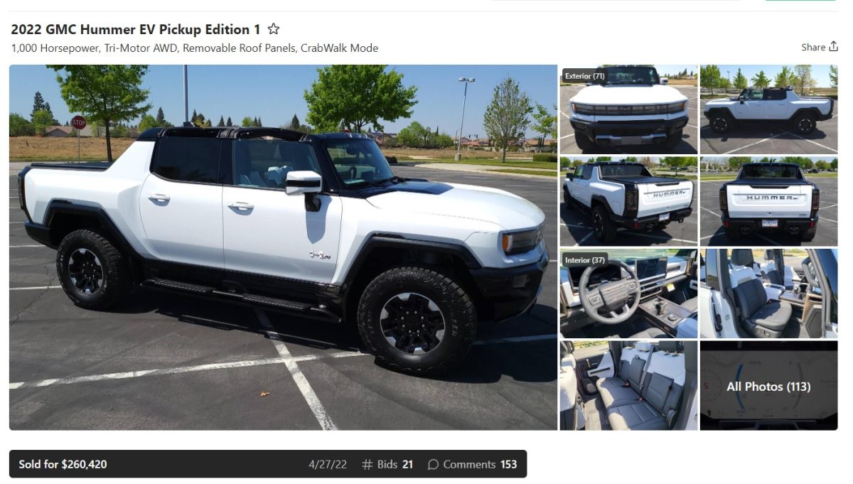 A 2022 GMC Hummer EV electric truck sold for $260,000 at Cars & Bids. 