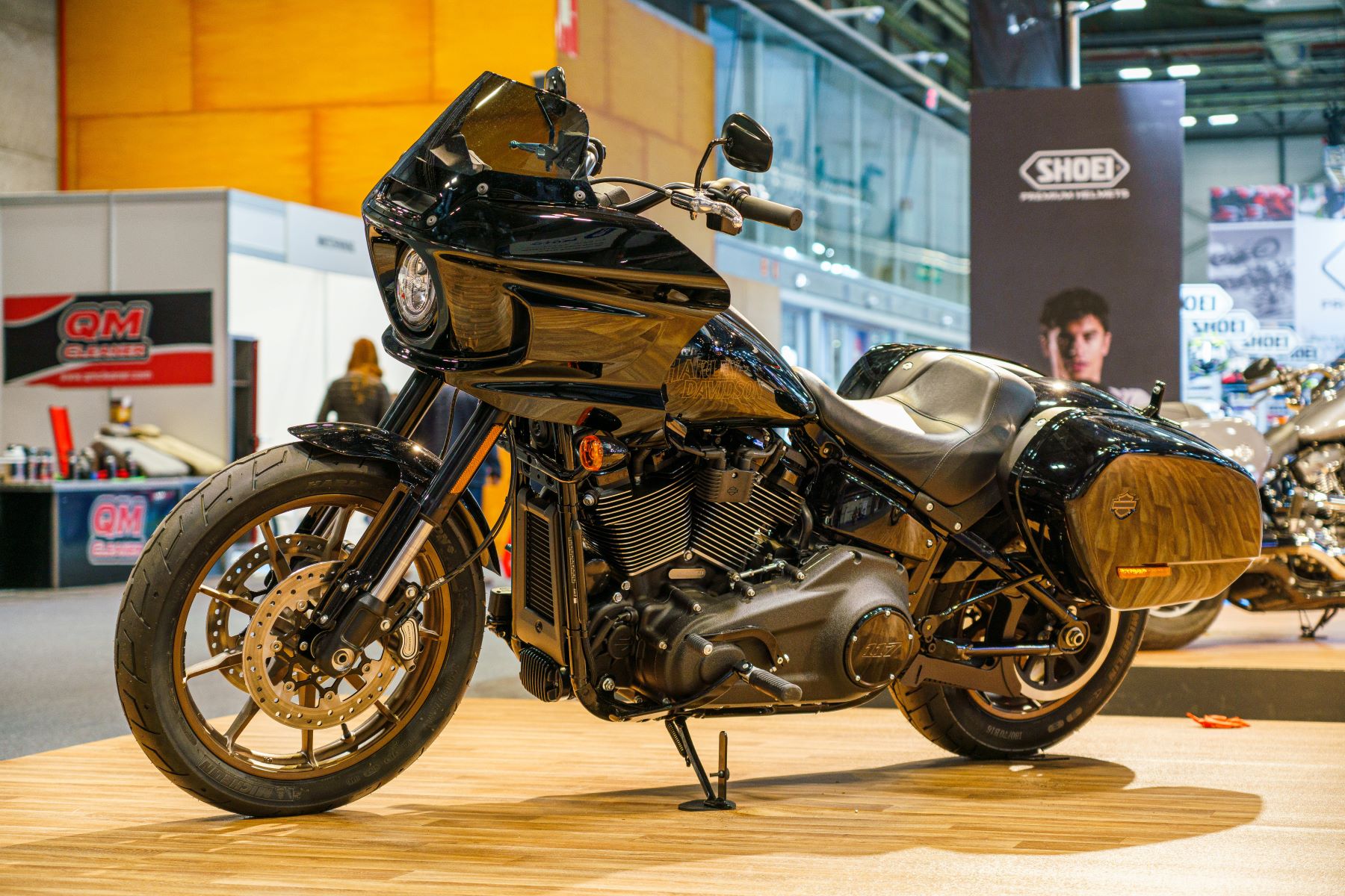 A Harley Davidson Low Rider ST motorcycle on exhibit at the Vive la Moto fair in Madrid, Spain