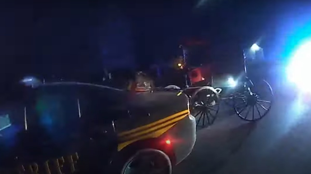 Horse and buggy with a drunk and passed-out Amish driver chased by a police car