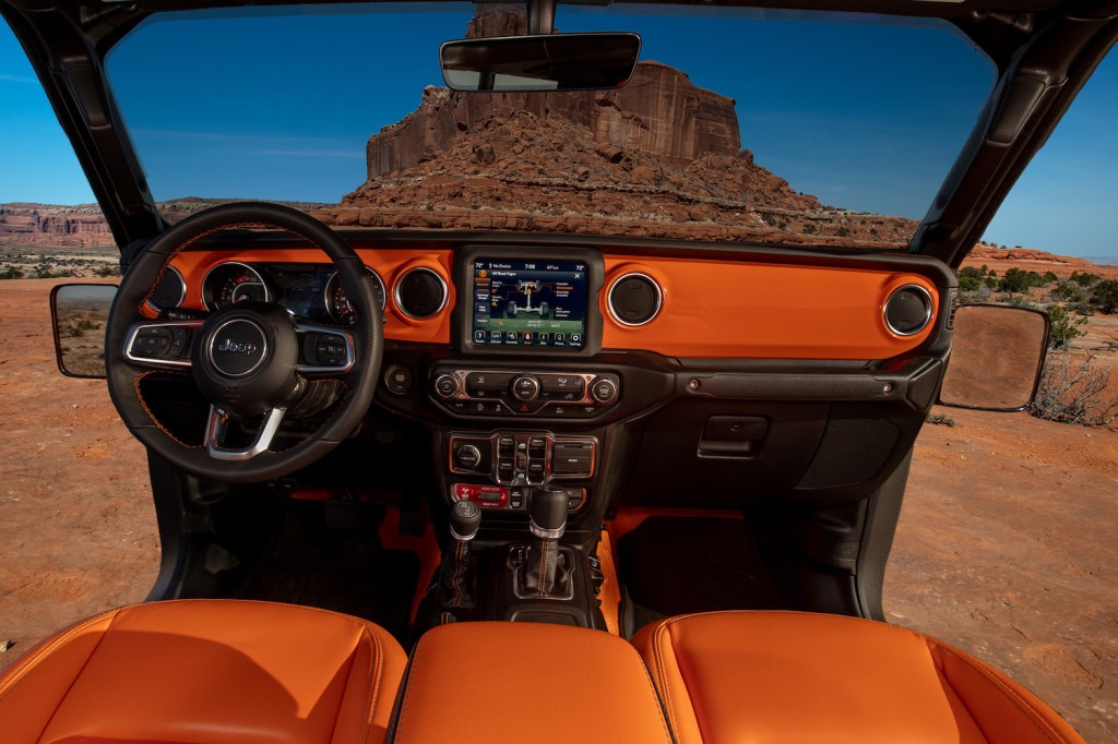 The orange interior of a concept jeep Behicle.
