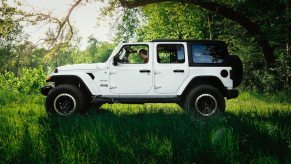 White four-door Jeep Wrangler Unlimited parked under a tree.