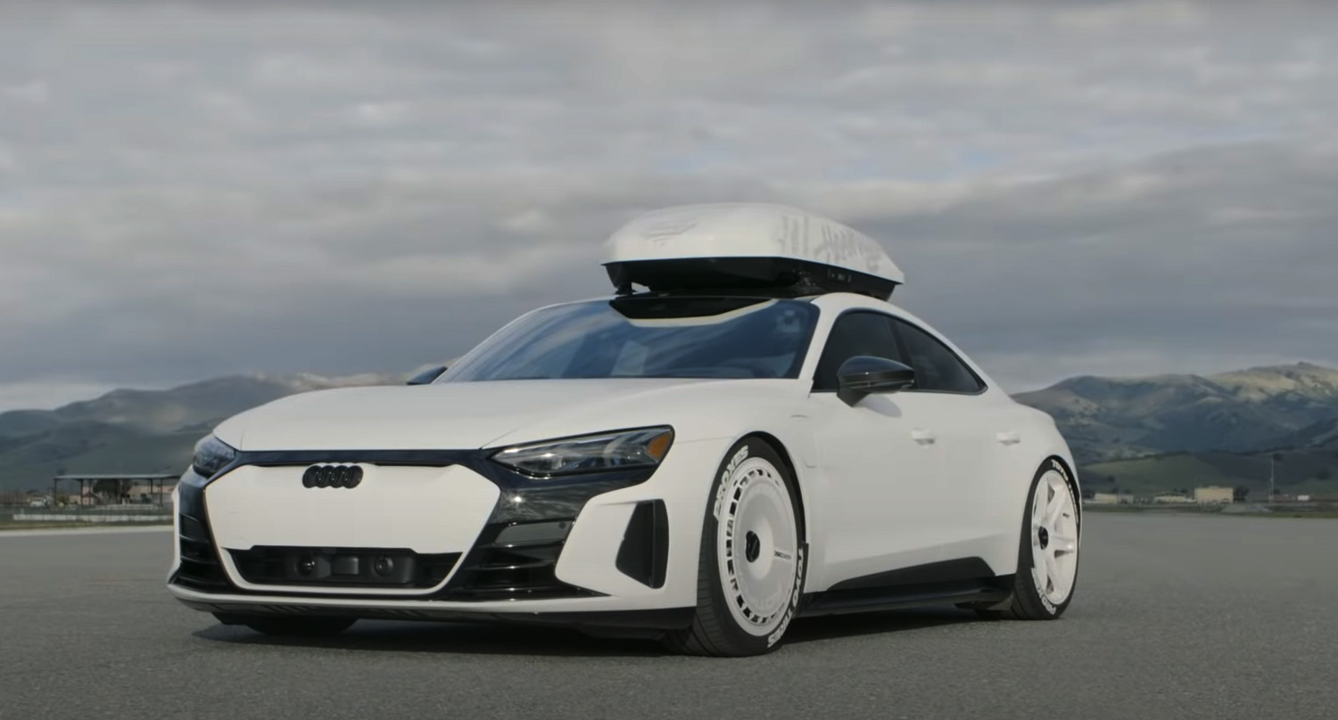 Ken Block's customized 2022 Audi RS E-Tron GT with roofbox and white rotiform wheels