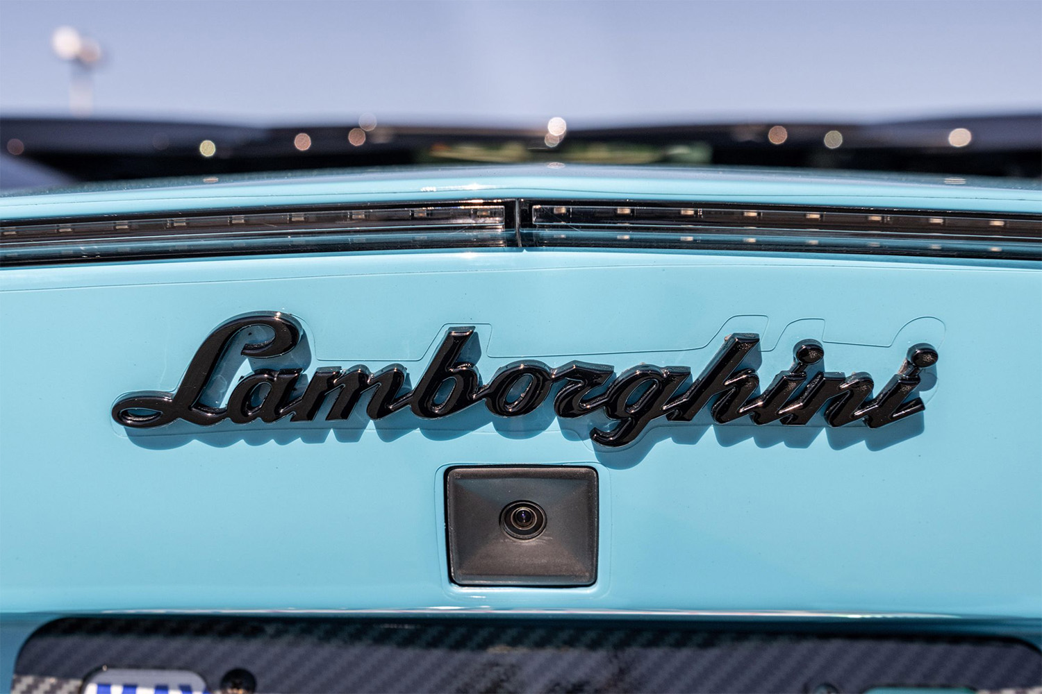Blacked out badge on Chris Brown's custom Miami Blue Lamborghini Aventador