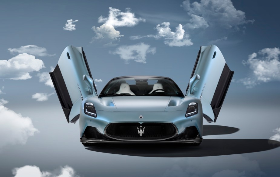 Front end of all-new Maserati MC20 Cielo convertible with iconic butterfly doors up