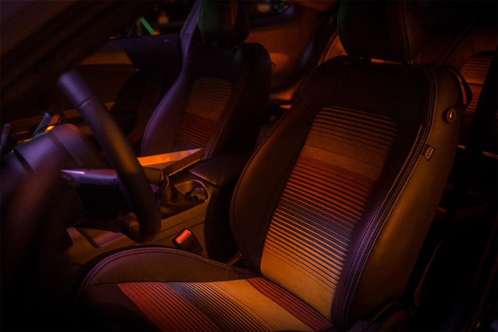 Custom leather seats inside Ford Mustang Model 711 custom 7-Eleven Sweepstakes car